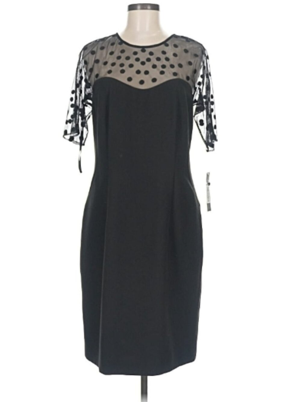 Tahari Arthur S Levine Black Dress Size 8 Sheer Polka Dot Mesh Yoke Sleeve NWT